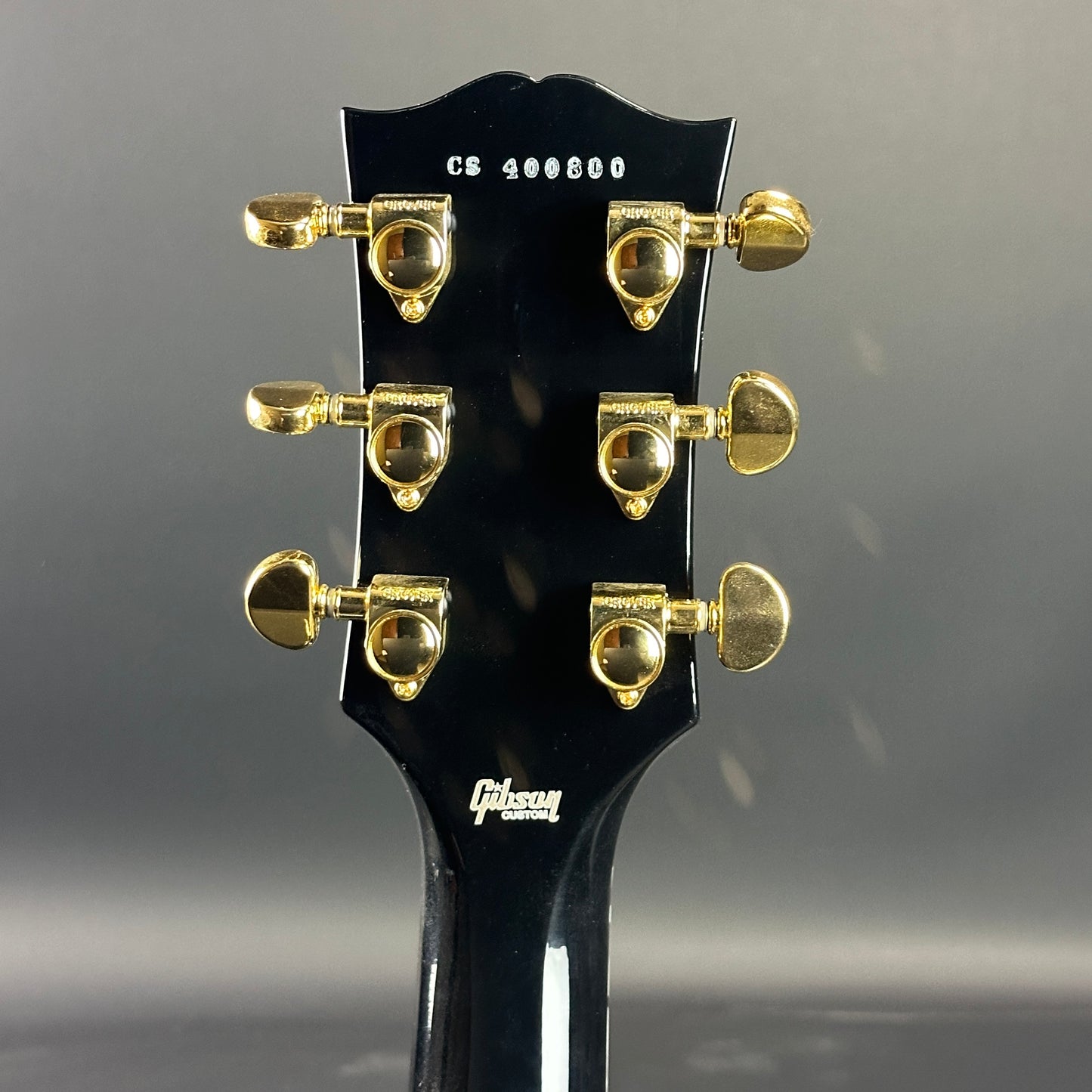 Back of headstock of Used Gibson Custom Shop Les Paul Custom Ebony.