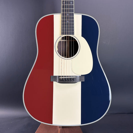 Front of Used Martin Custom Shop D-28 Red/White/Blue Adirondack/EIR.