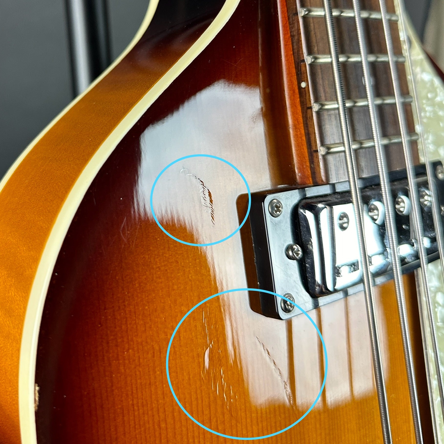 Damage near pickup of Used Hofner Icon Sieries D-Bass Sunburst.