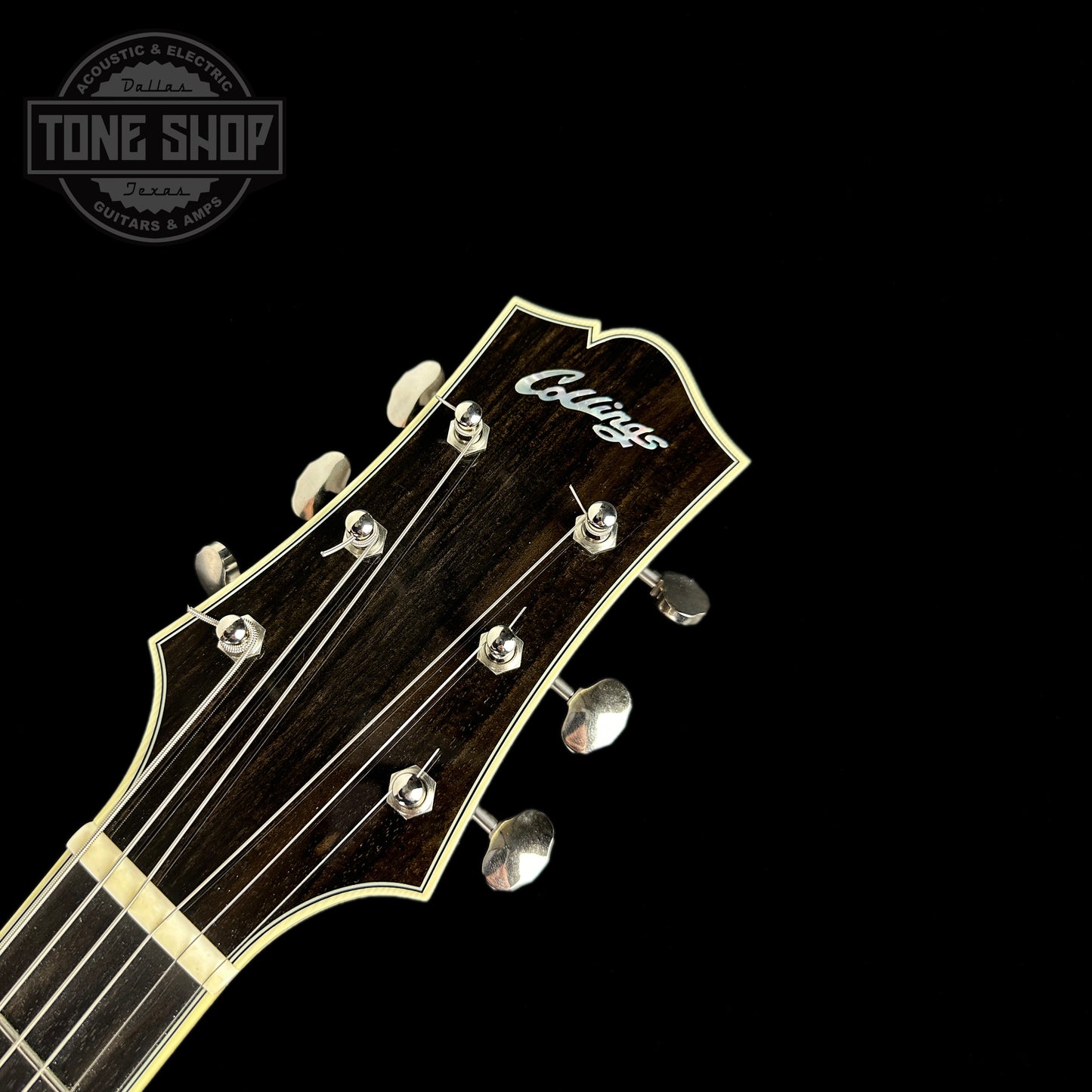 Front of headstock of Used Collings C10A Sunburst.