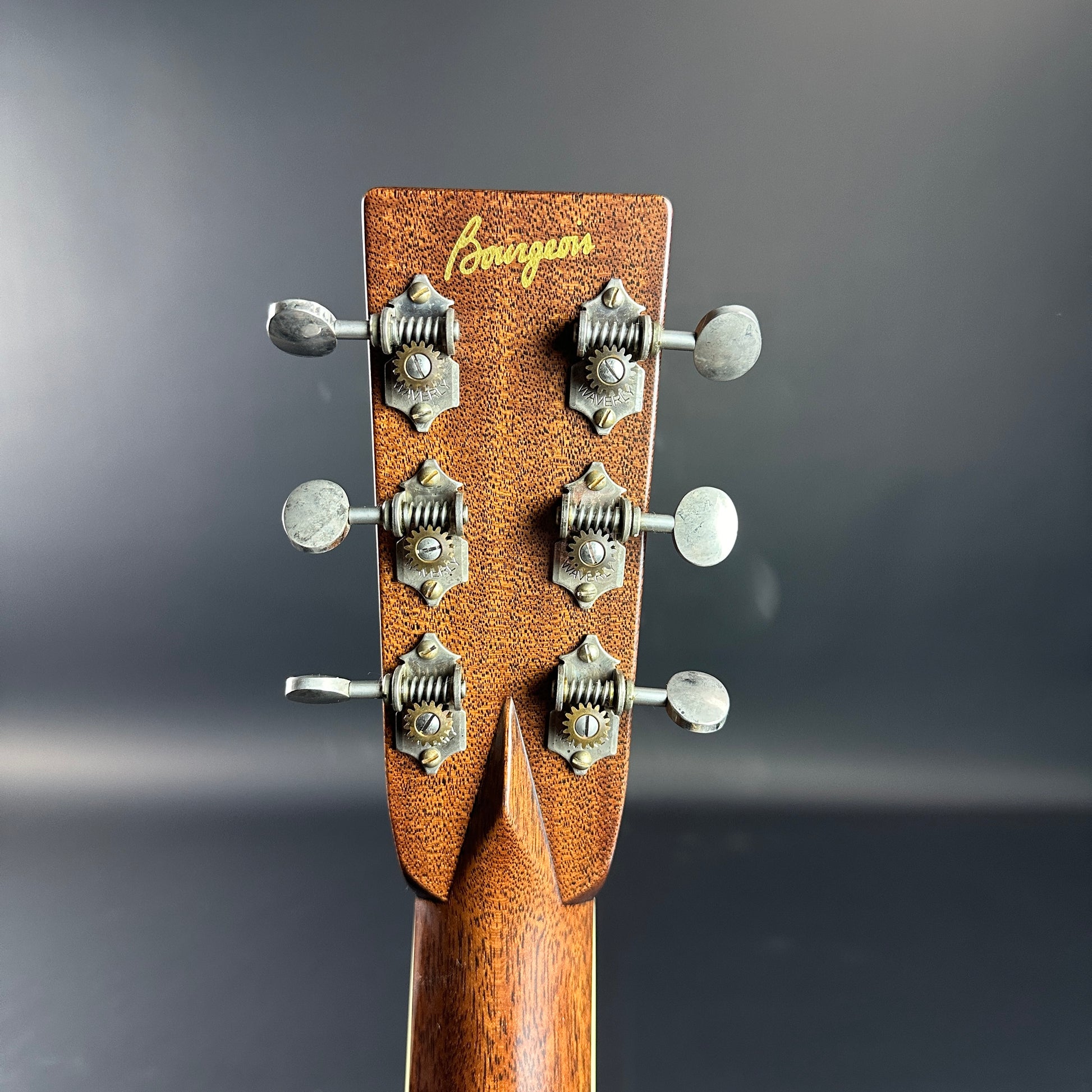 Back of headstock of Used Bourgeois Panama Red OM Large Soundhole Aged Adirondack.