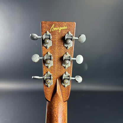 Back of headstock of Used Bourgeois Panama Red OM Large Soundhole Aged Adirondack.