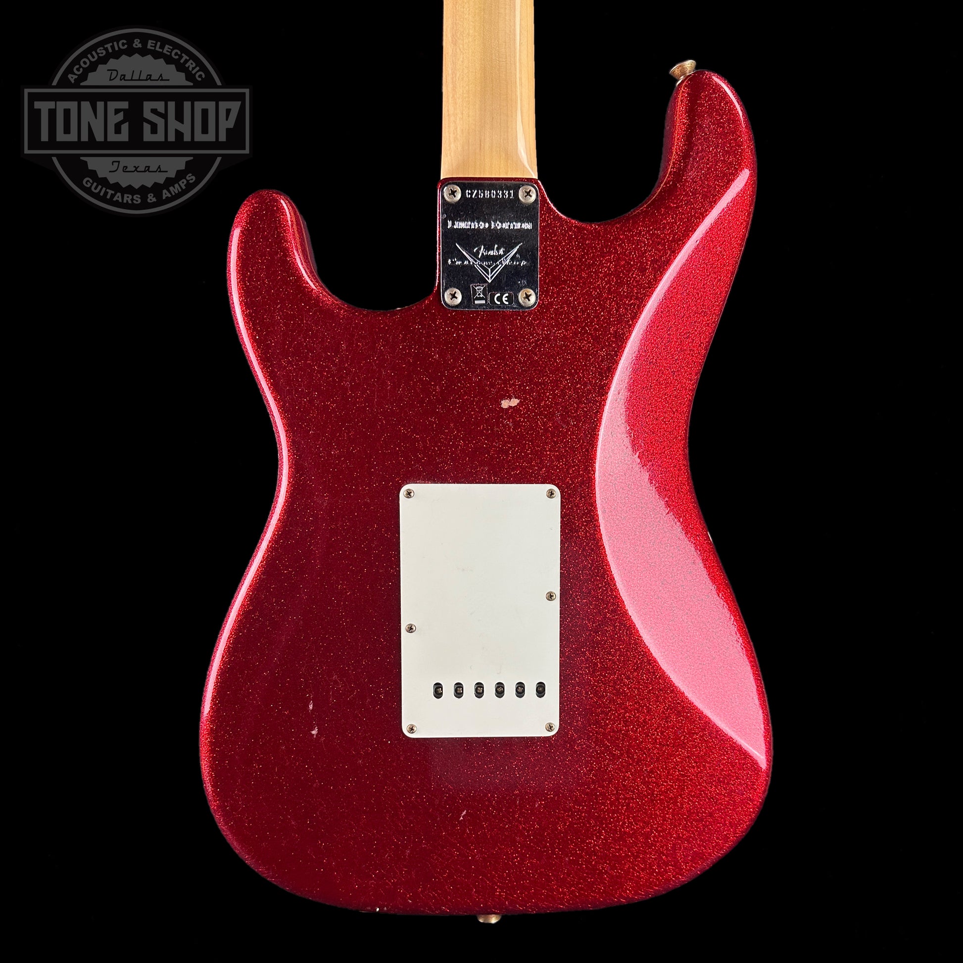 Back of Fender Custom Shop Limited Edition 69 Strat Journeyman Relic Aged Red Sparkle.