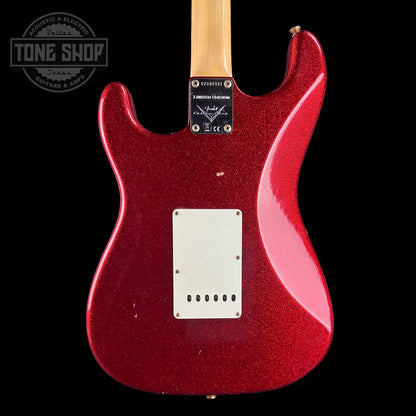 Back of Fender Custom Shop Limited Edition 69 Strat Journeyman Relic Aged Red Sparkle.