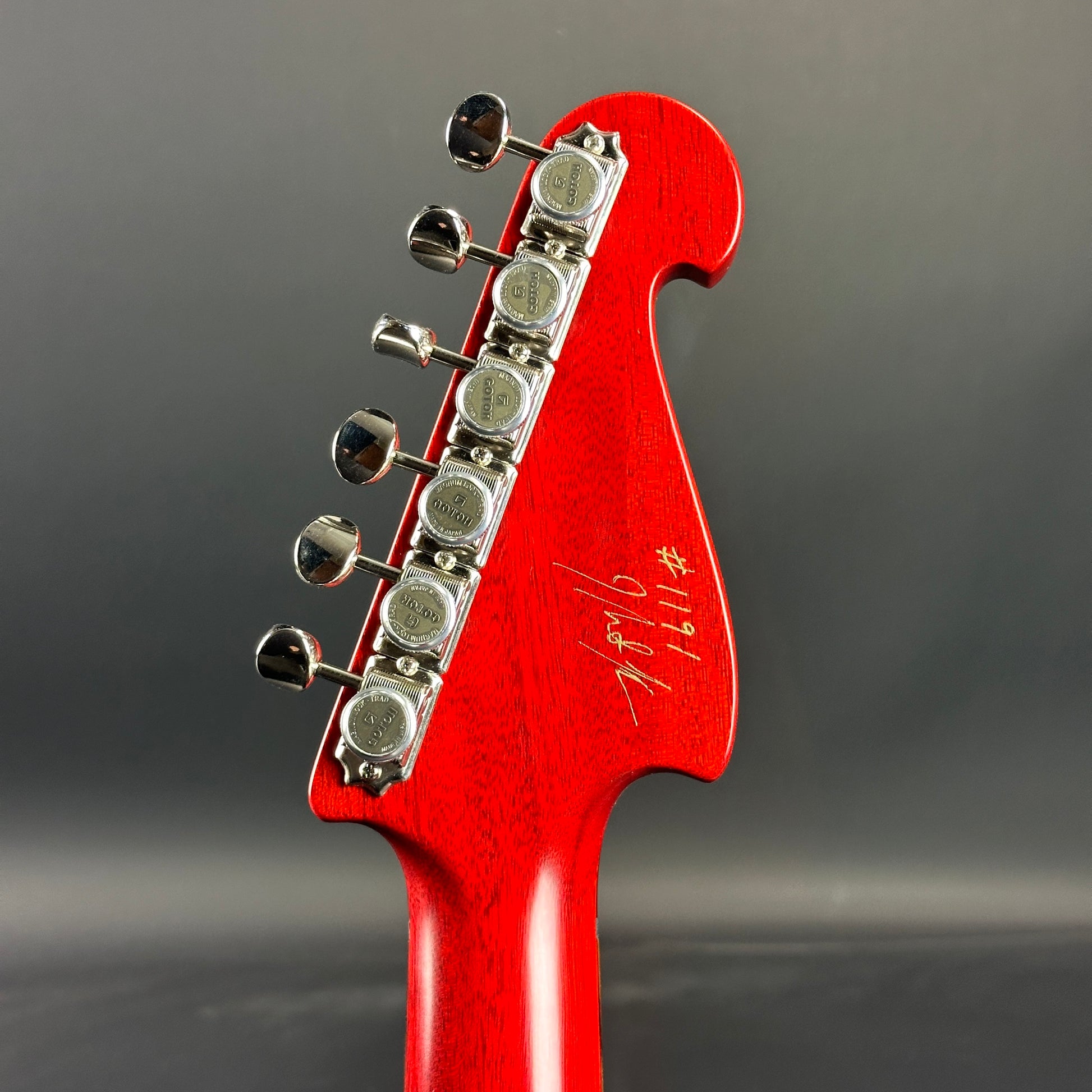 Back of headstock of Used Knaggs Severn HSS Cherry Sunburst.