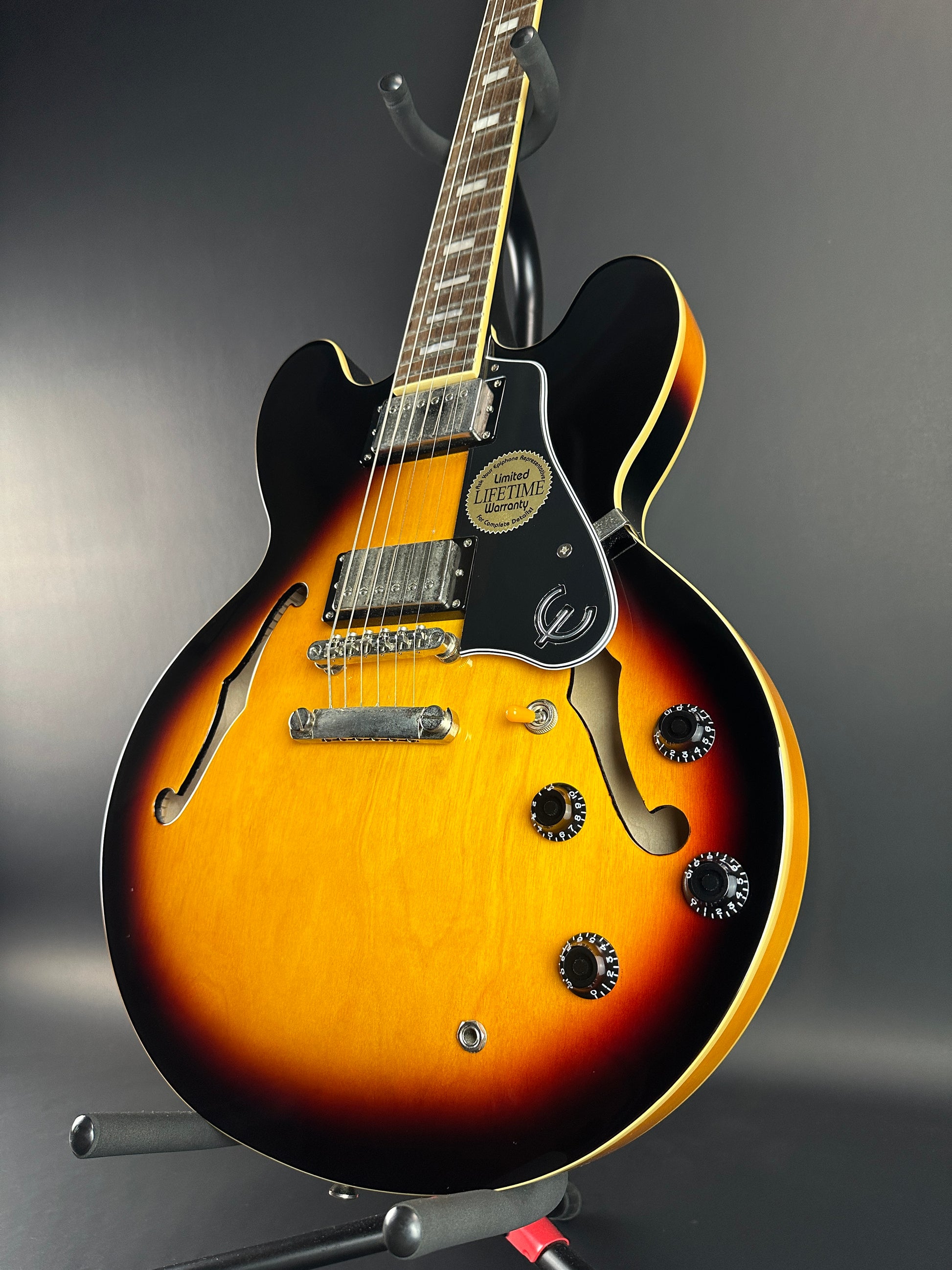 Front angle of Used Epiphone ES-335 Pro Burst.