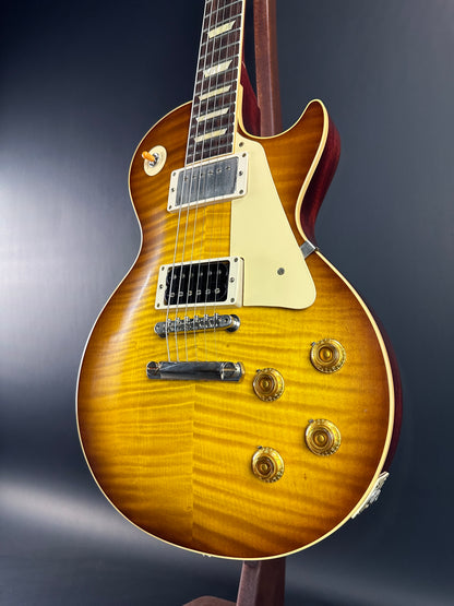 Front angle of Used Gibson Custom Shop M2M 1959 Les Paul Standard Reissue Chambered Golden Poppy Ultra Light Murphy Aged.