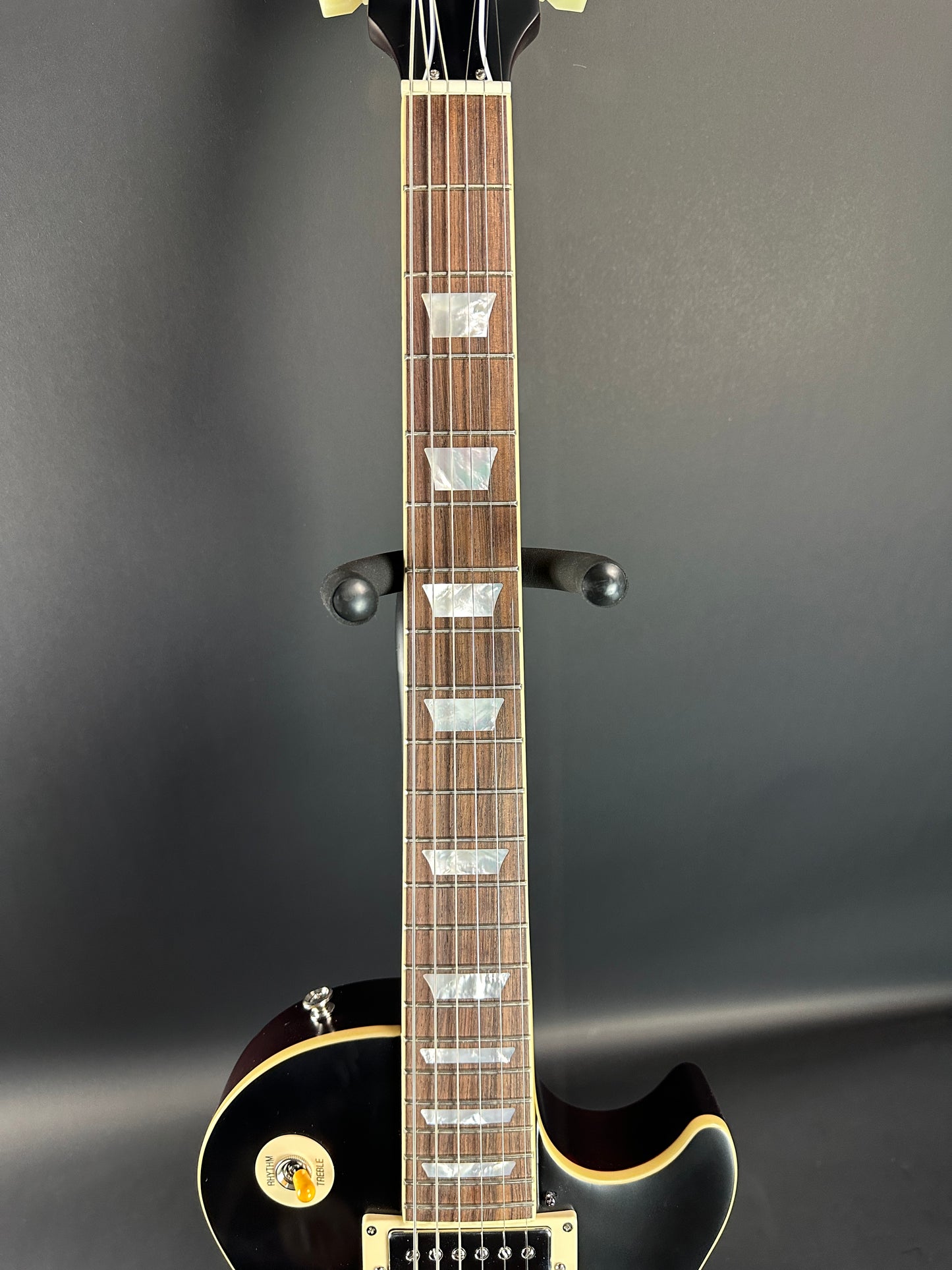 Fretboard of Used Epiphone Inspired by Gibson Custom 1959 Les Paul Standard Tobacco Sunburst.