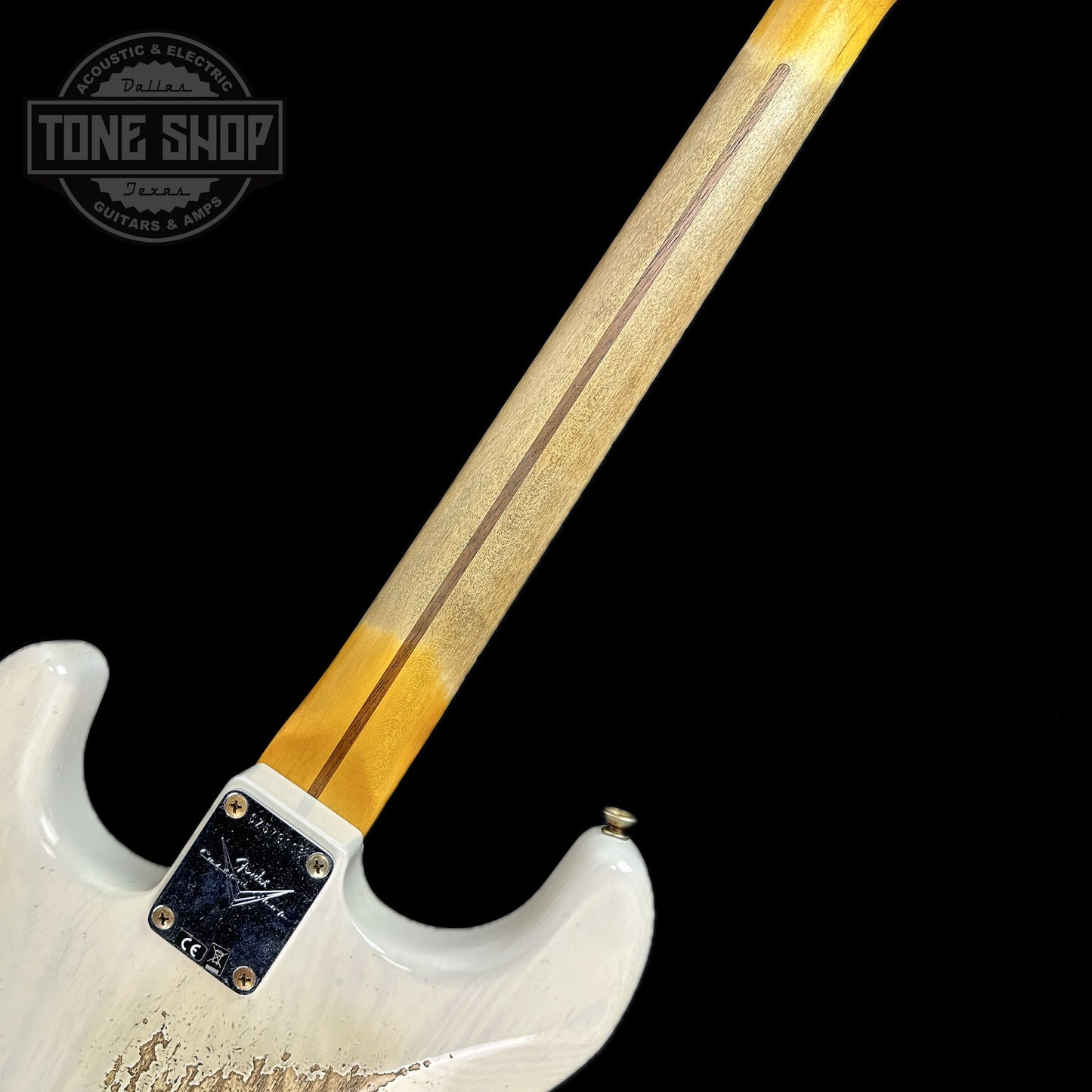 Back of neck of Fender Custom Shop Time Machine '57 Strat Heavy Relic Aged White Blonde.