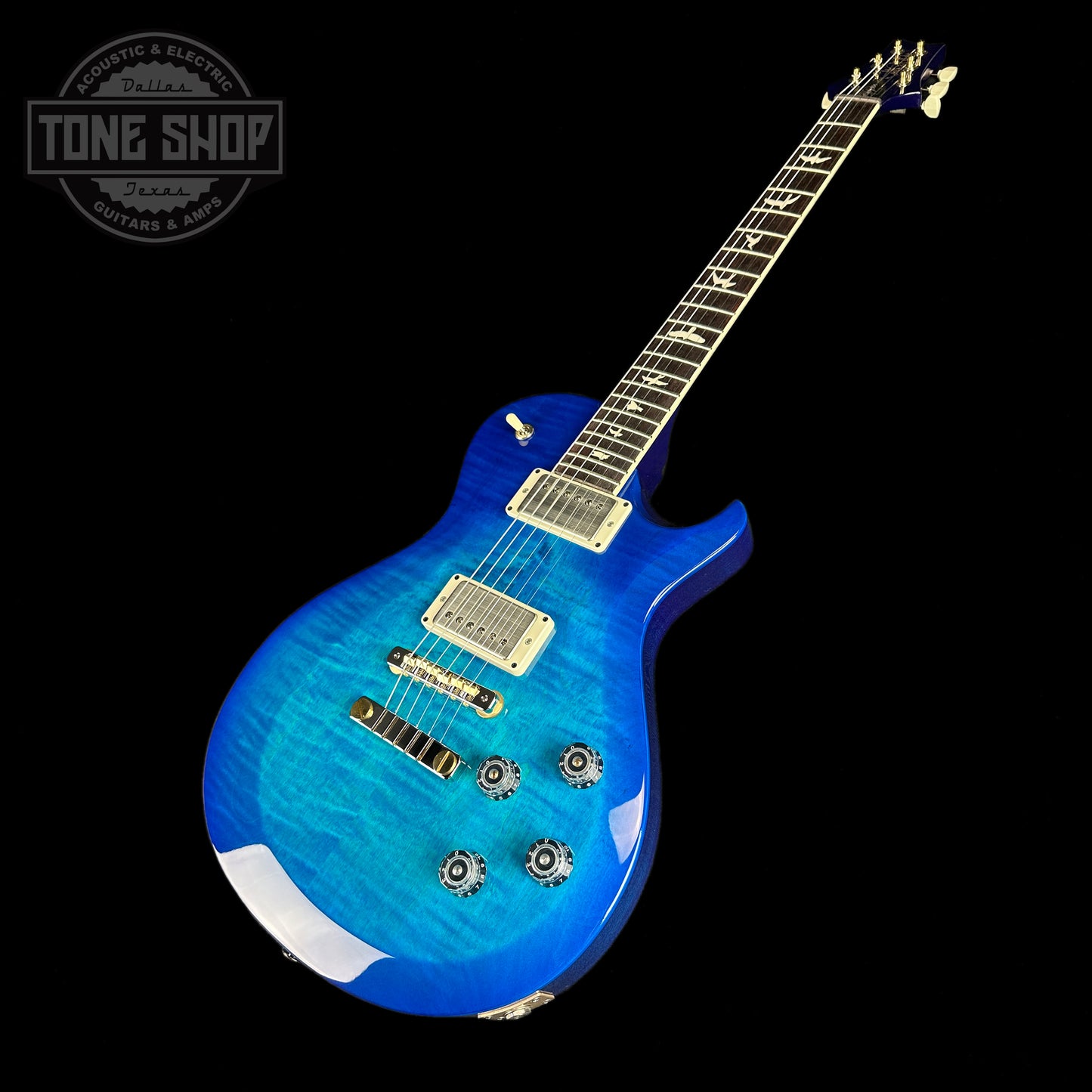 Front angle of PRS S2 McCarty 594 Singlecut Lake Blue.