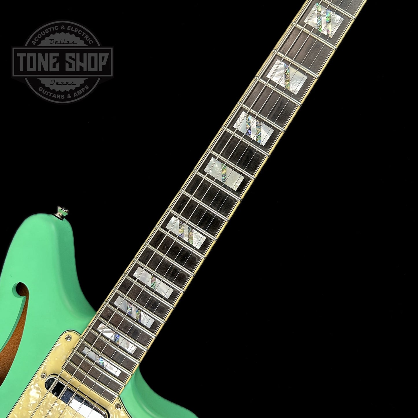 Fretboard of Used D'Angelico Deluxe Bedford SH LE Matte Surf Green.