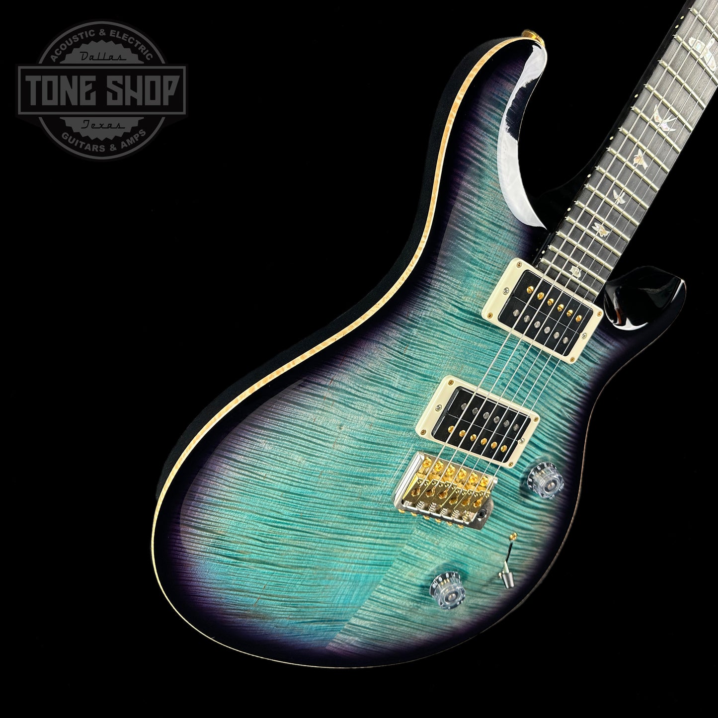 Front angle of Used PRS Custom 24 10-Top Aquableux Smokeburst.