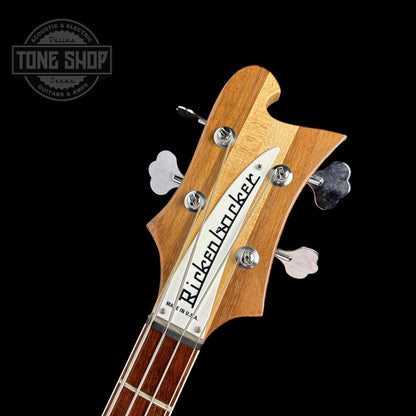 Front of headstock of Used 2013 Rickenbacker 4003 Maple Glow Bass.