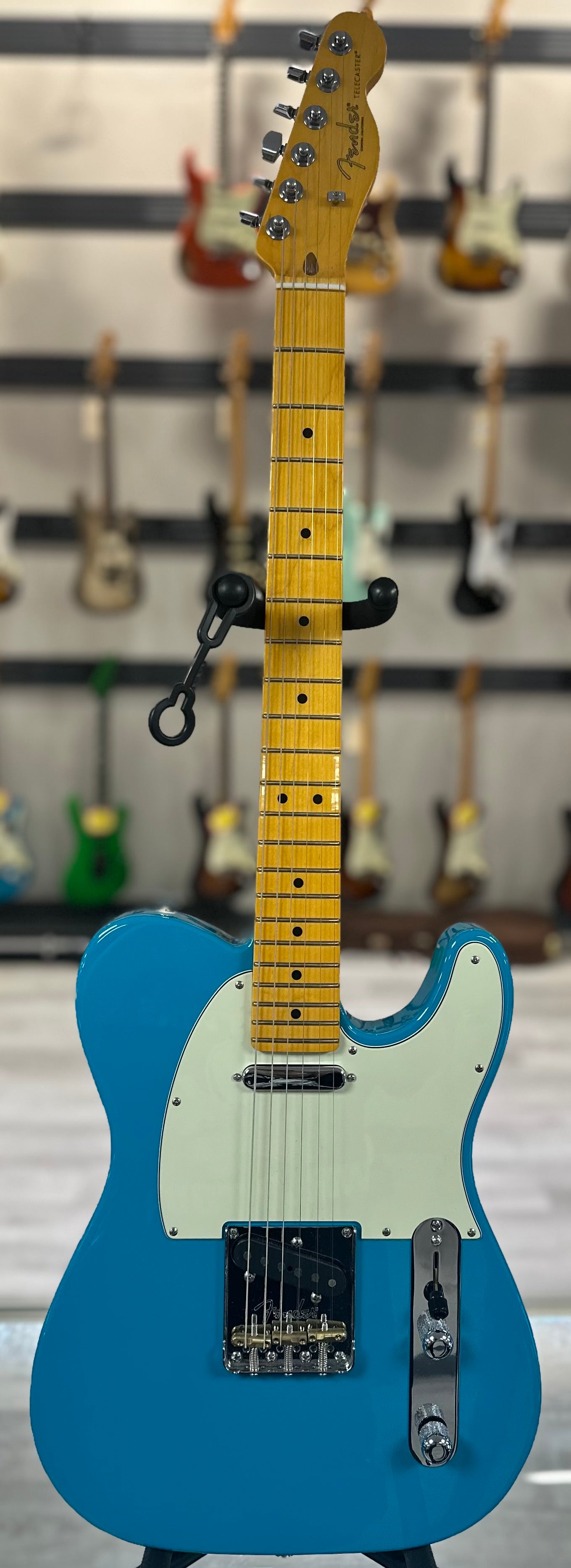 Full front of Used American Professional II Telecaster Miami Blue w/case TSS4295