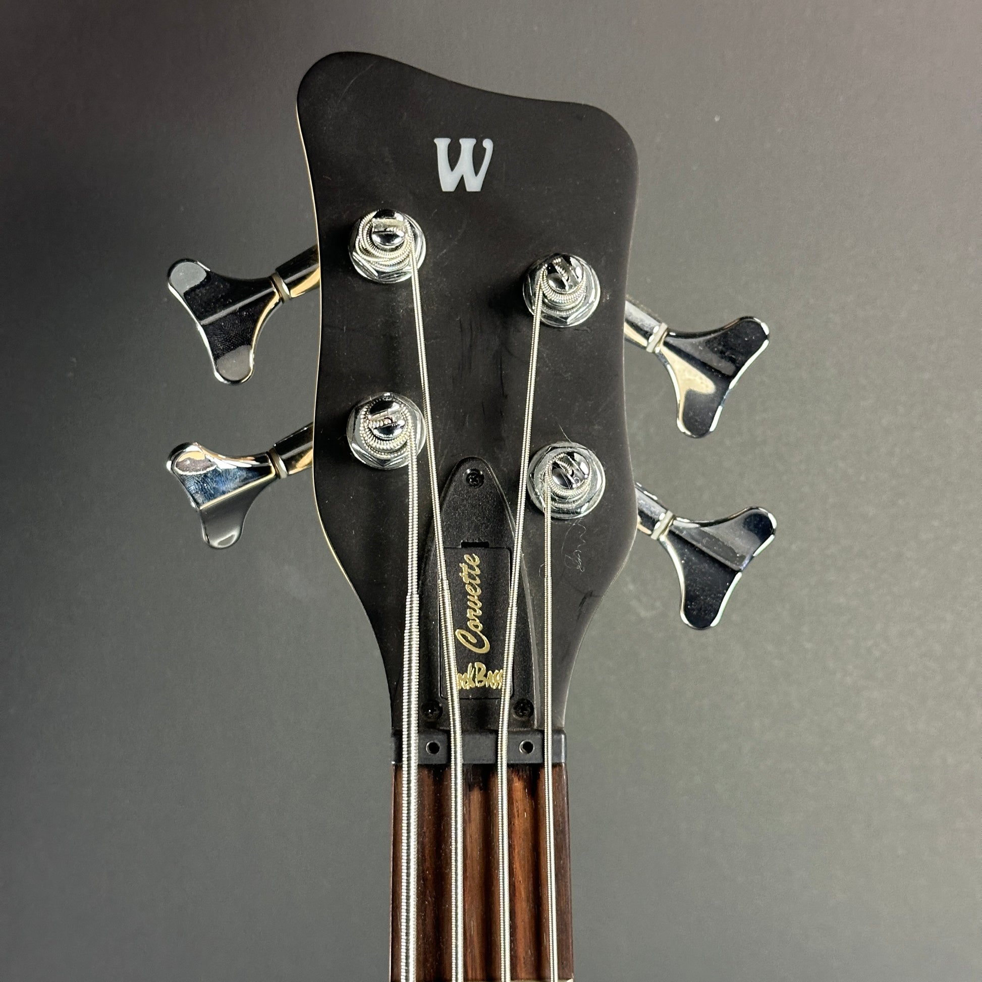 Front of headstock of Used Warwick Corvette Rock Bass.