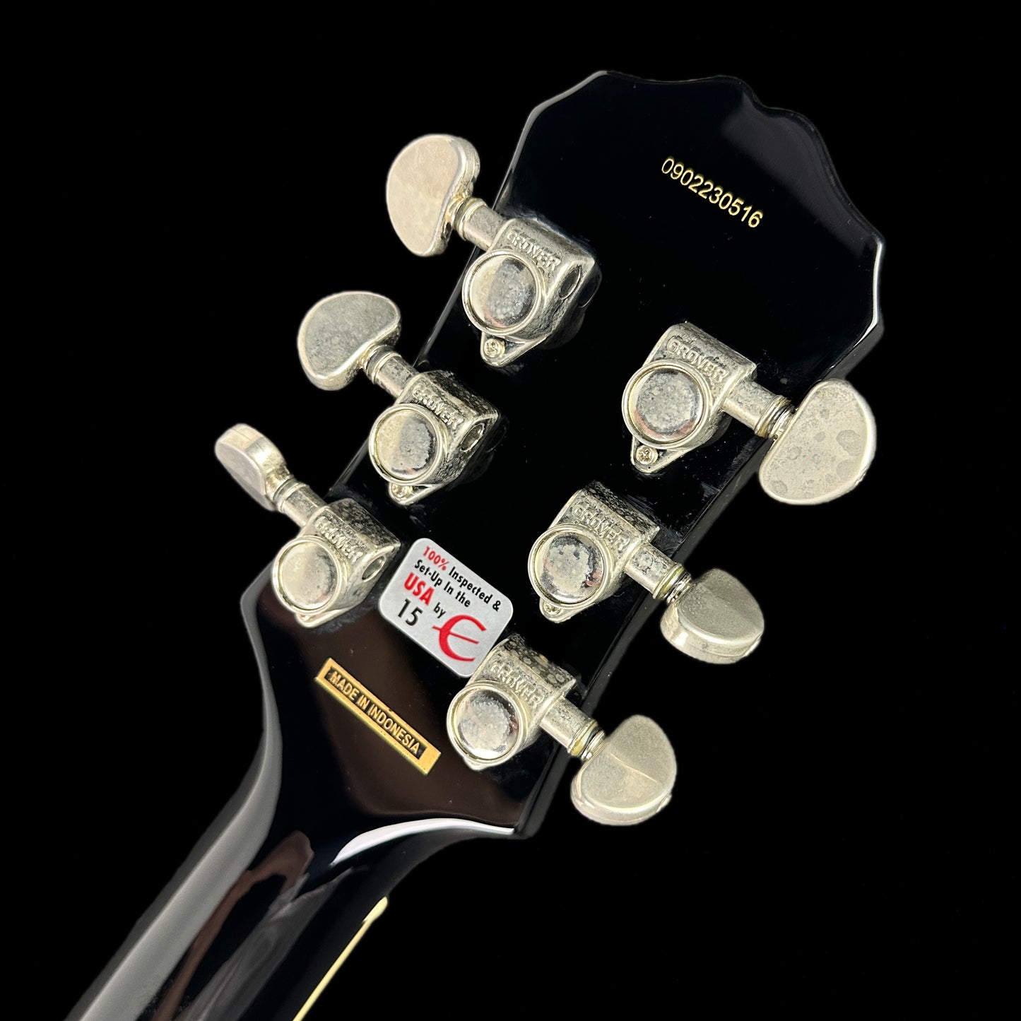 Back of headstock of Used Epiphone Les Paul Standard Ebony.