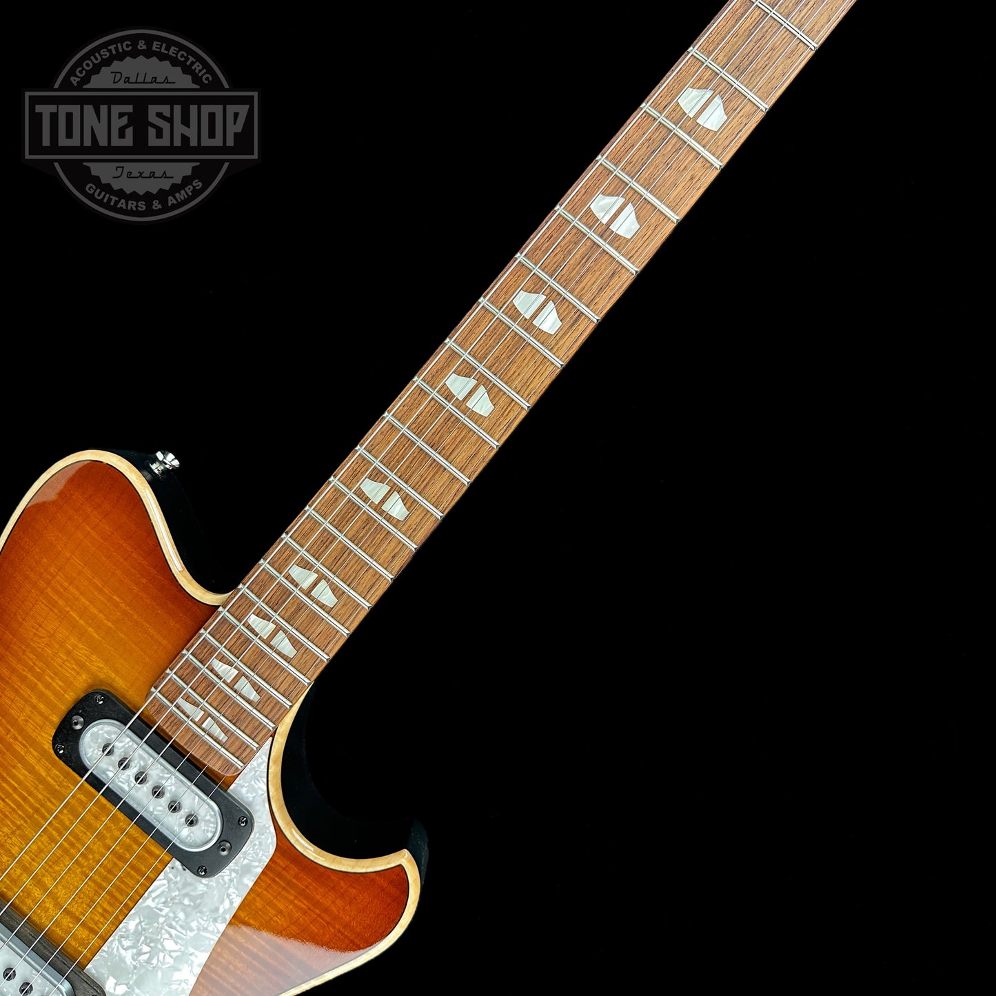 Fretboard of Powers Electric A-Type Select Maple Sweet Tea Orange PF42 Pearl Ebony Warm.