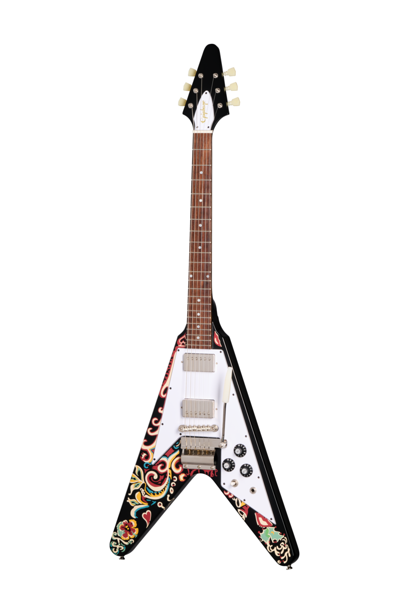 Full frontal of Epiphone Jimi Hendrix Love Drops Flying V Ebony w/Graphic.