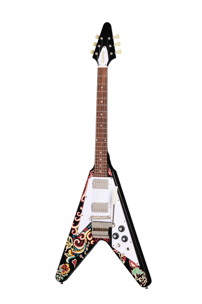 Full frontal of Epiphone Jimi Hendrix Love Drops Flying V Ebony w/Graphic.