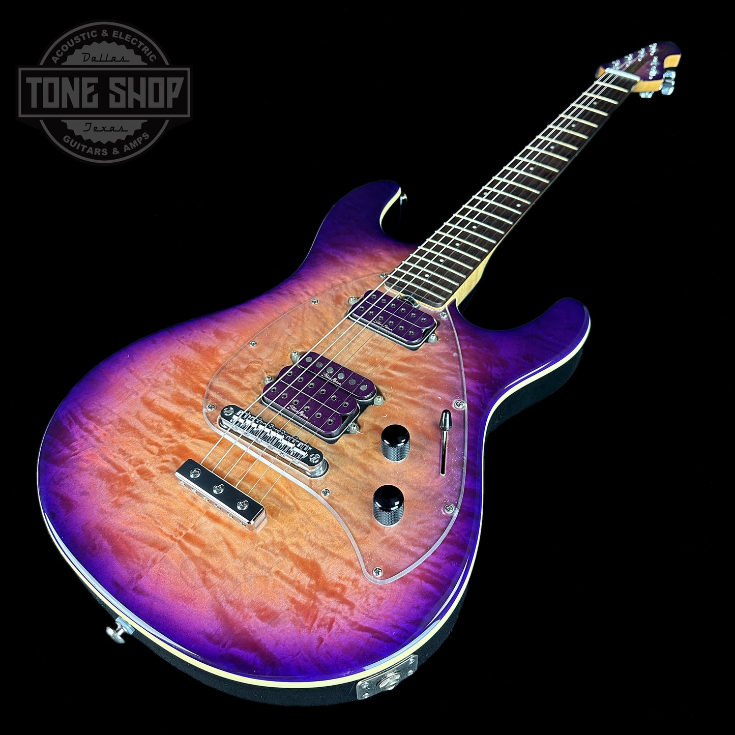 Front angle of Used 2008 Ernie Ball Steve Morse Y2D Purple Sunset.