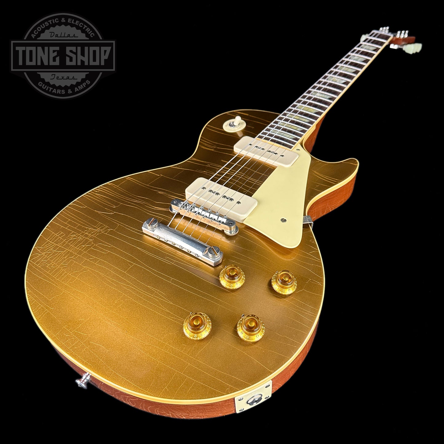 Front angle of Used Gibson Custom Shop 1956 Les Paul Goldtop Murphy Lab Ultra Light Aged.