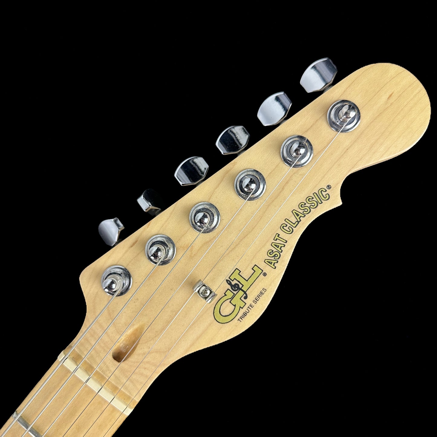 Front of headstock of Used G&L ASAT Classic Natural.