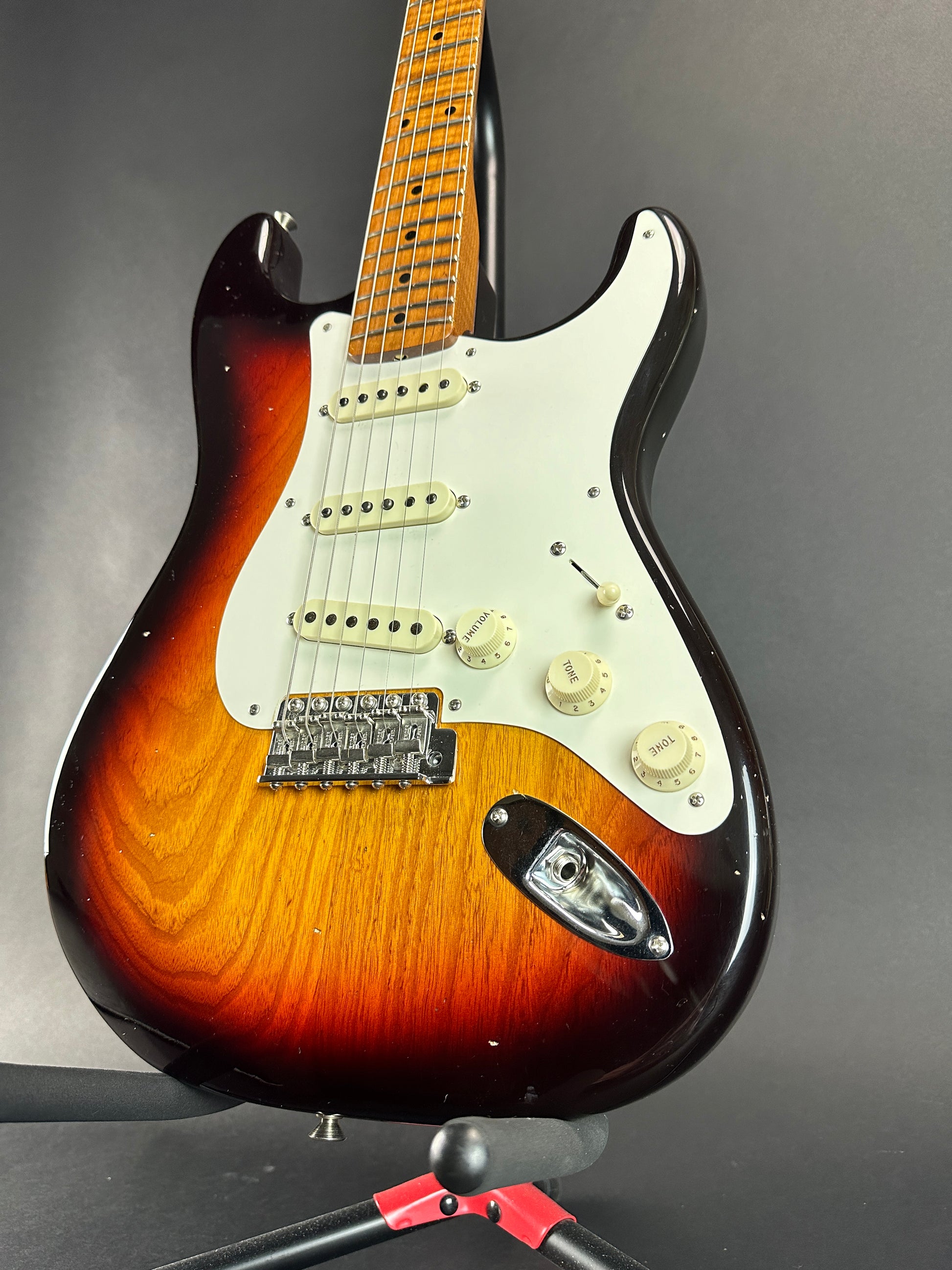 Front angle of Used Fender Custom Shop LTD 1958 Stratocaster Journeyman Relic Chocolate 3 Color.