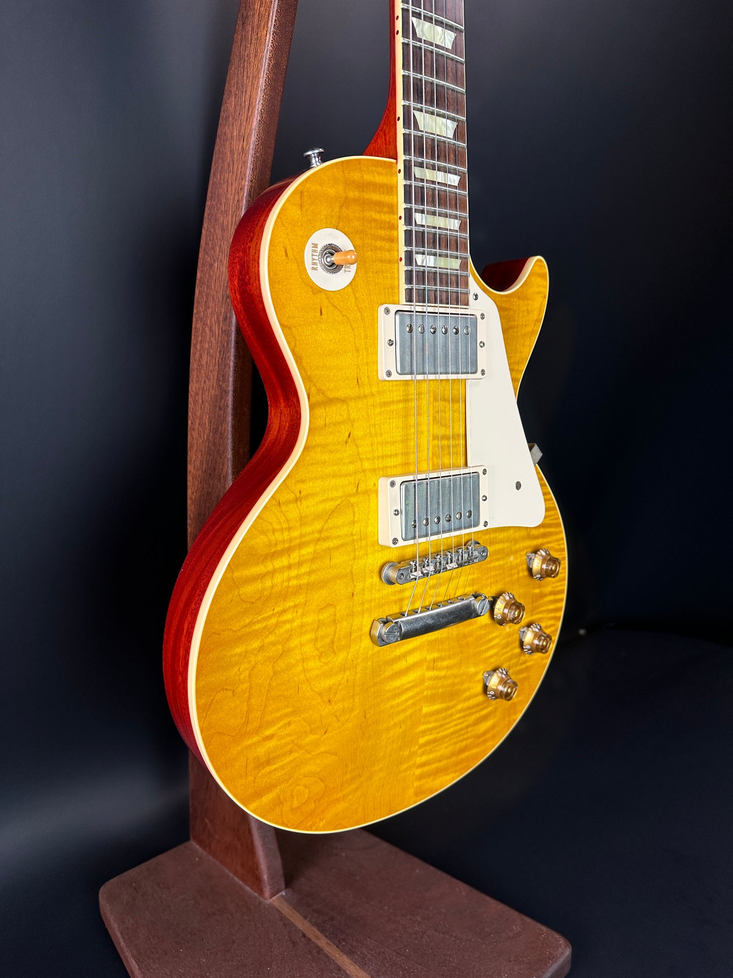 Front angle of Used Gibson 1958 Reissue Les Paul VOS Lemonburst.