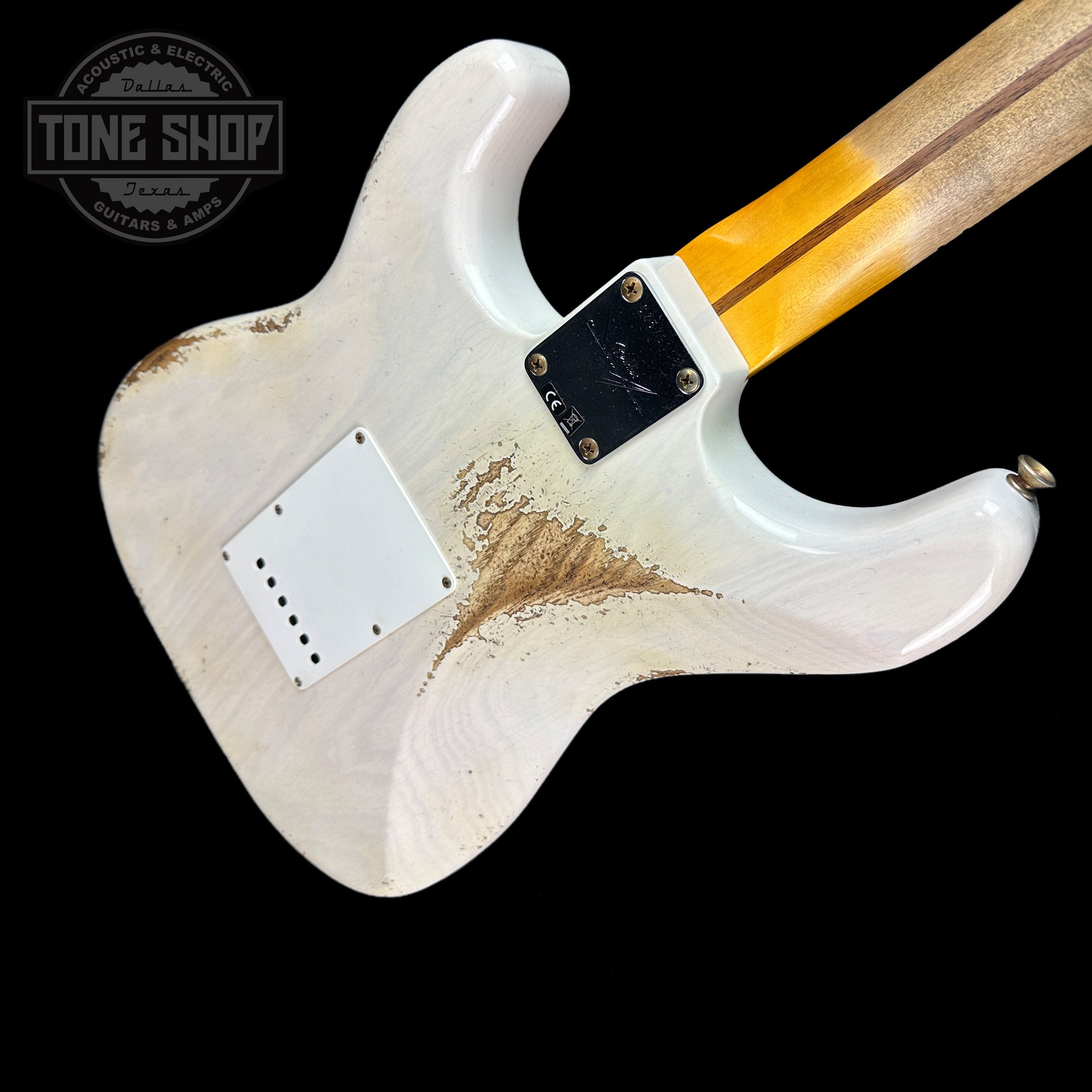 Back angle of Fender Custom Shop Time Machine '57 Strat Heavy Relic Aged White Blonde.