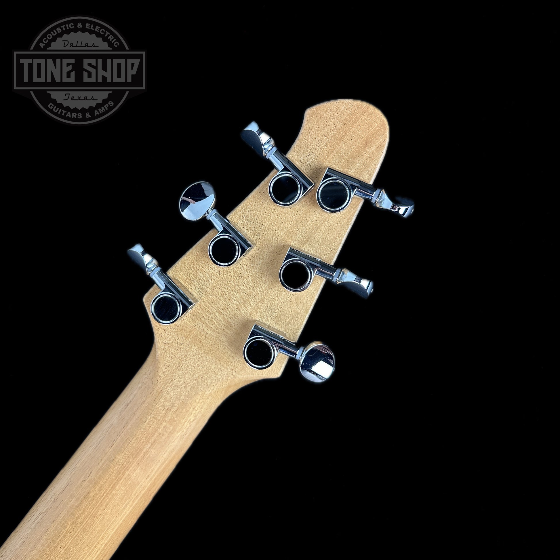 Back of headstock of Powers Electric A-Type Crayon Gray PF42 Pearl Ebony Cool Hard Tail.