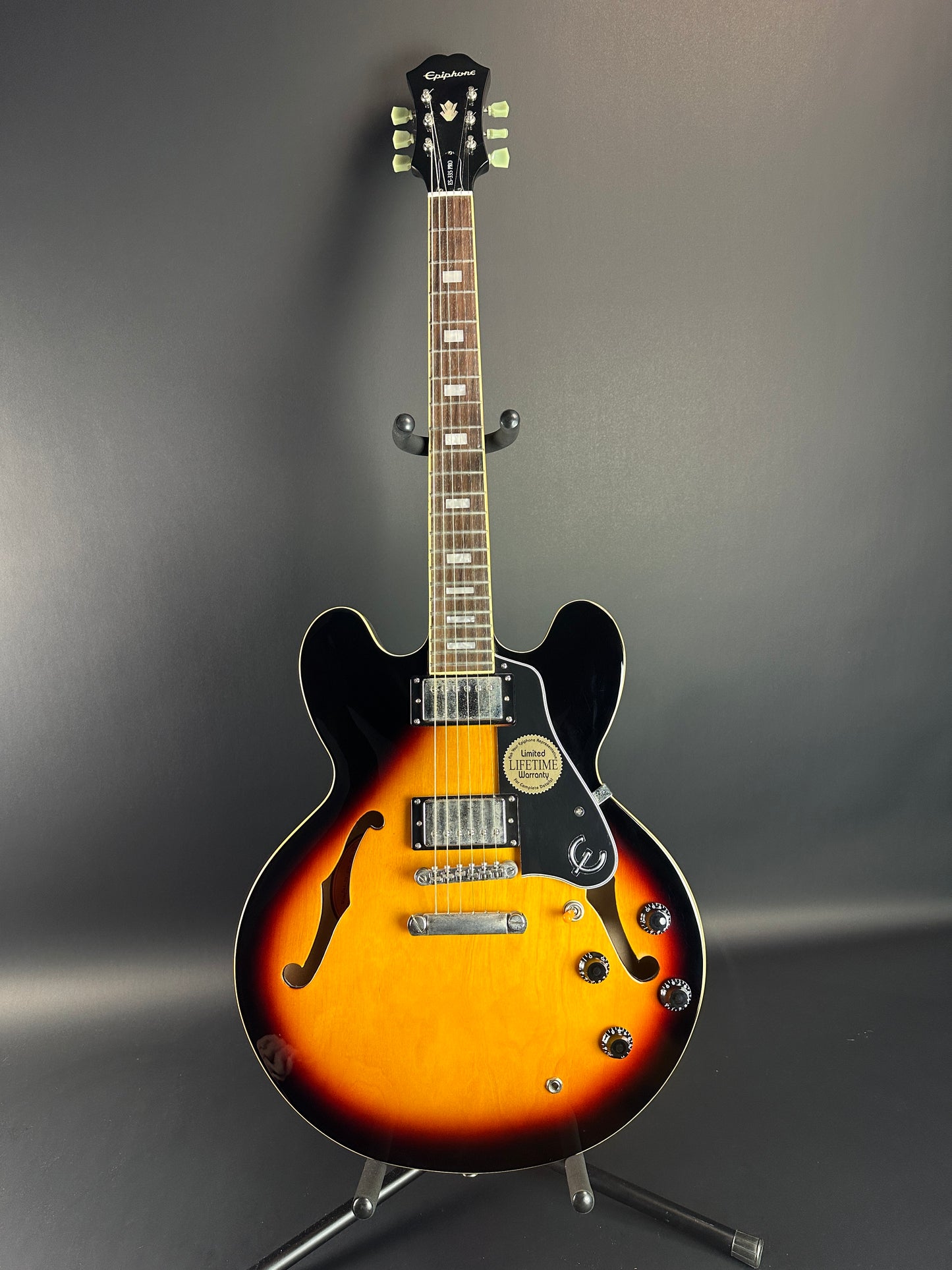 Full front of Used Epiphone ES-335 Pro Burst.