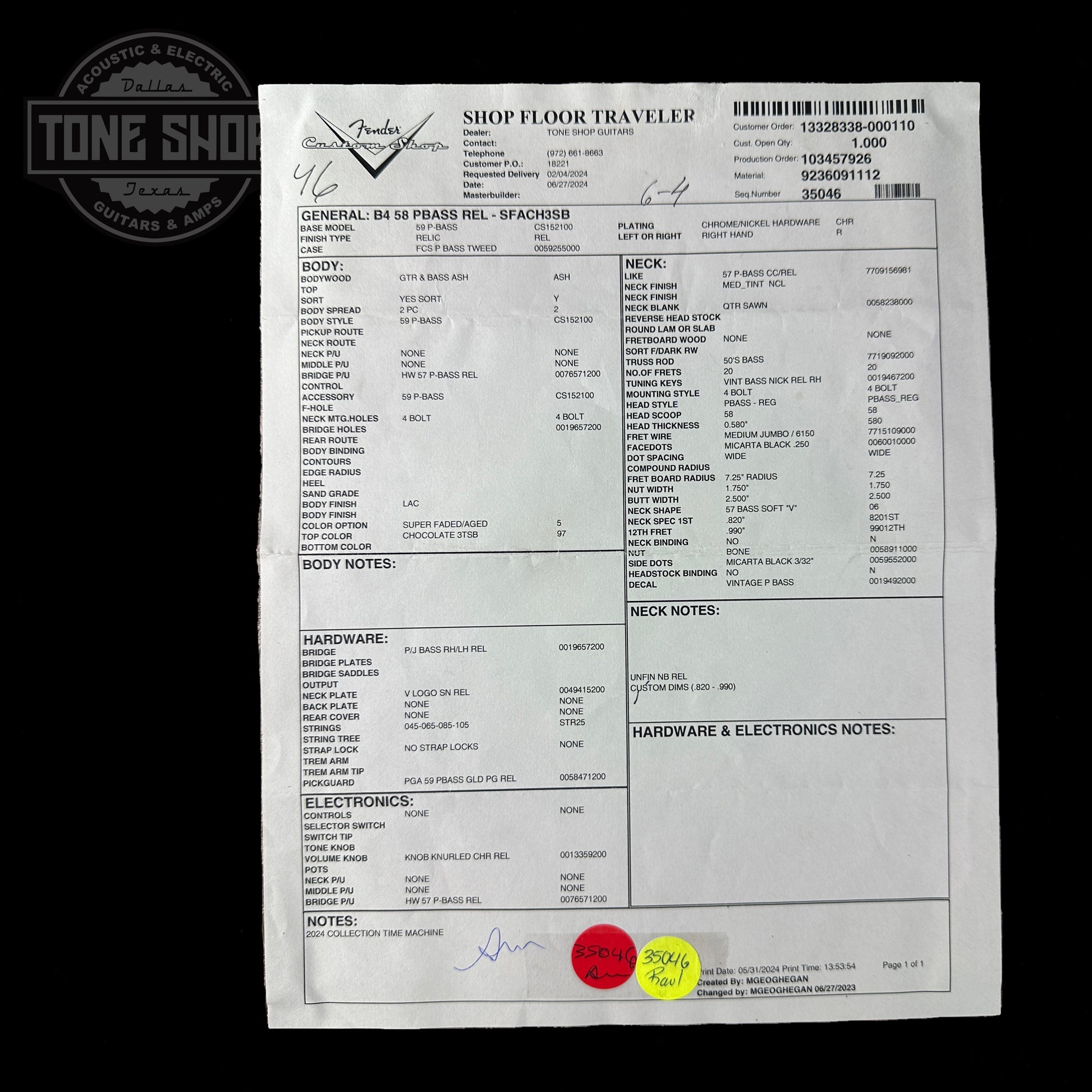 Spec sheet for Fender Custom Shop Time Machine '58 Precision Bass Relic Super Faded Aged Chocolate 3 Color Sunburst.