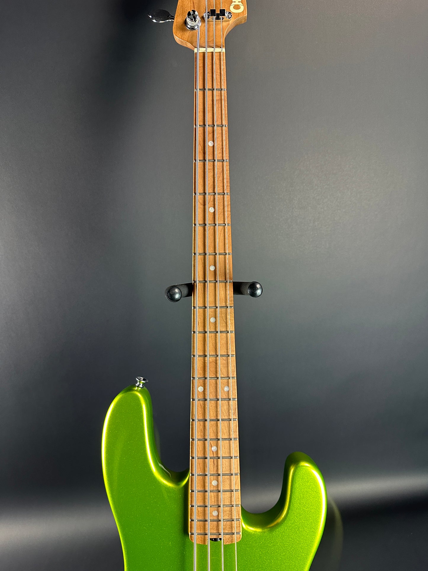 Fretboard of Used Charvel San Dimas Bass PJ IV Green.