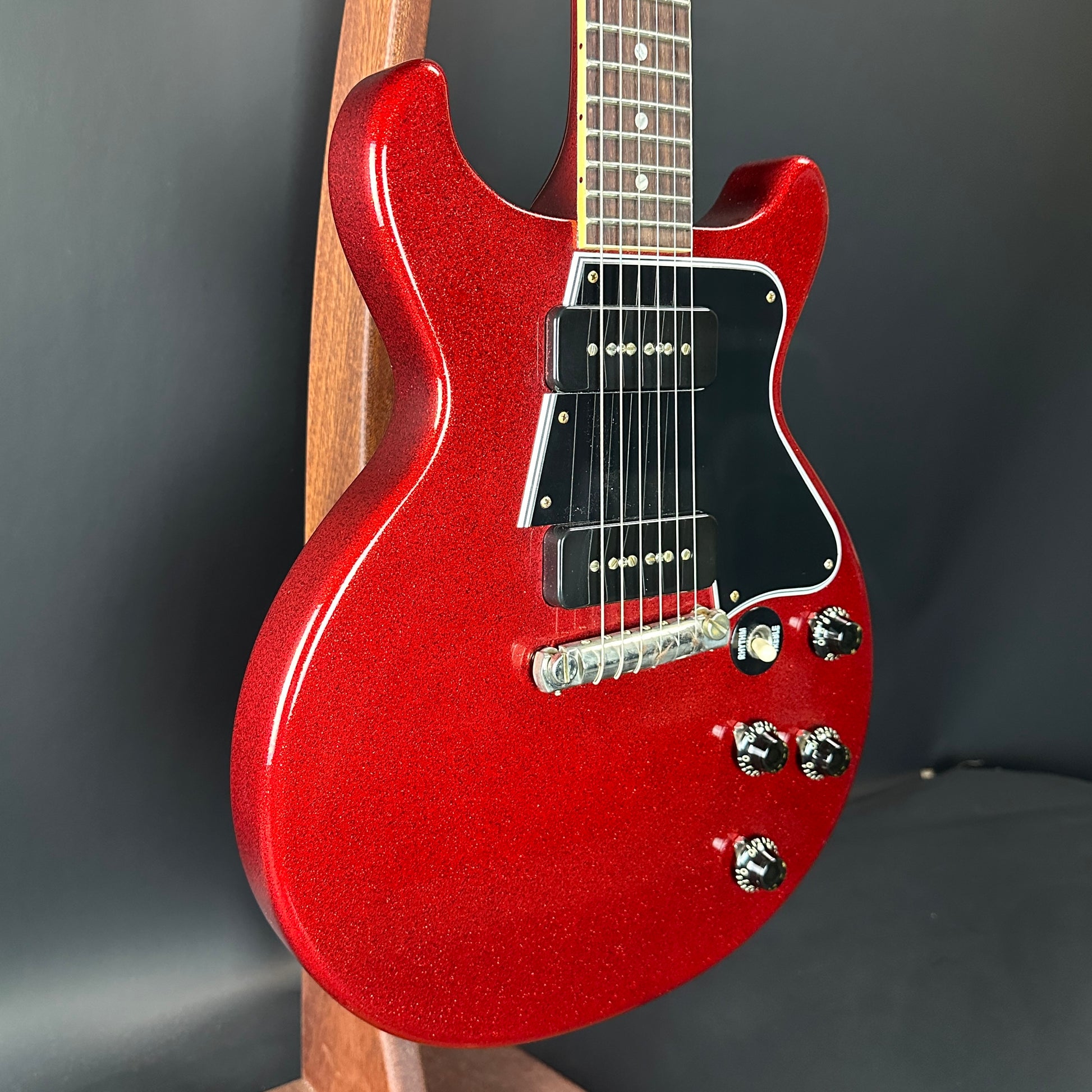 Front angle of Used Gibson Custom Shop M2M 1960 Les Paul Special Double Cut Red Sparkle.