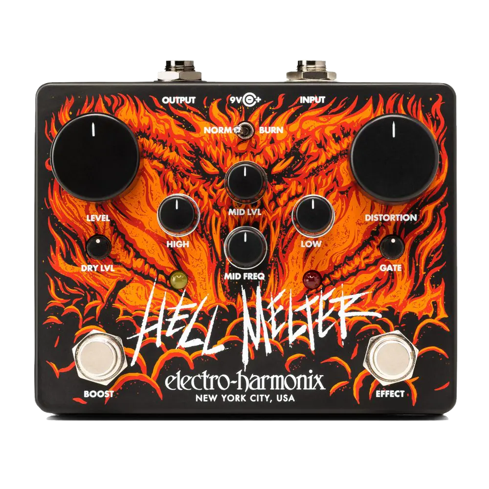 Top down of EHX Electro-Harmonix Hell Melter Distortion.