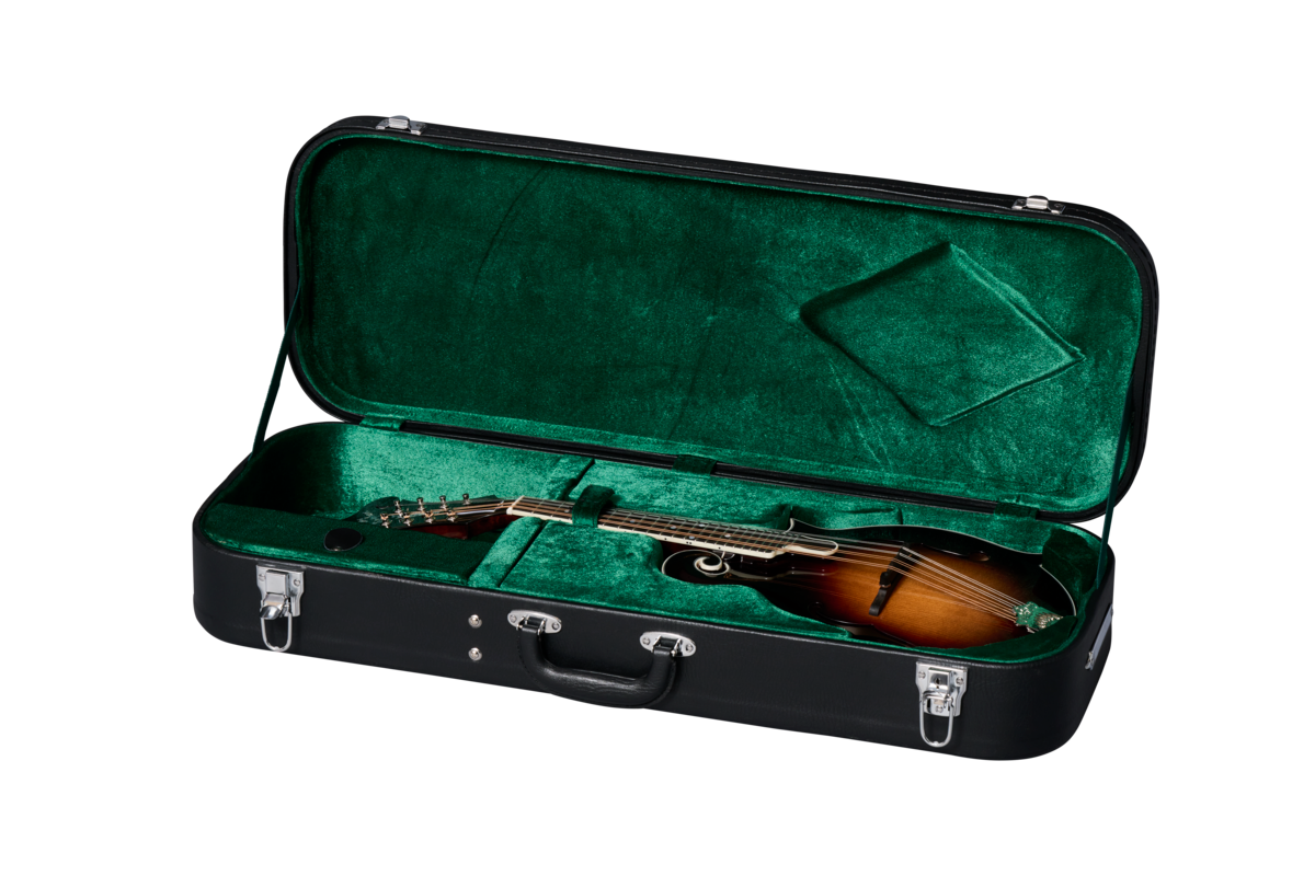 Open case of Epiphone F-5G Cremona Sunburst.