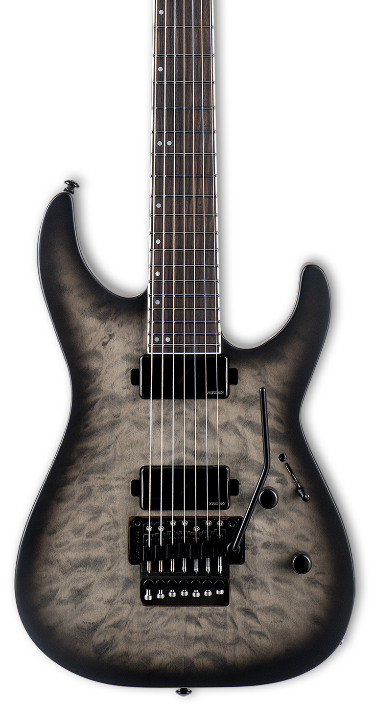 Front of ESP LTD M-1007B 7-String Baritone Charcoal Burst Satin.