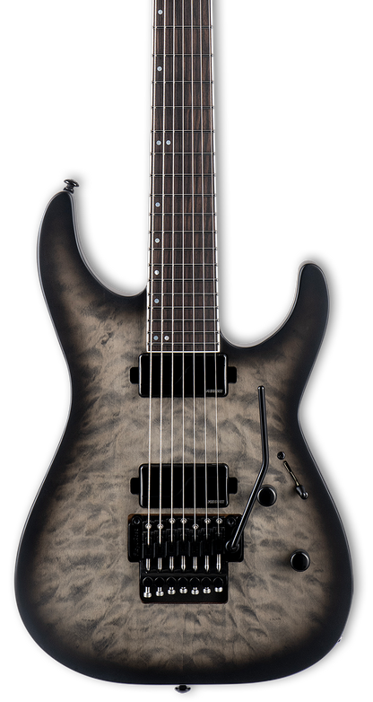 Front of ESP LTD M-1007B 7-String Baritone Charcoal Burst Satin.