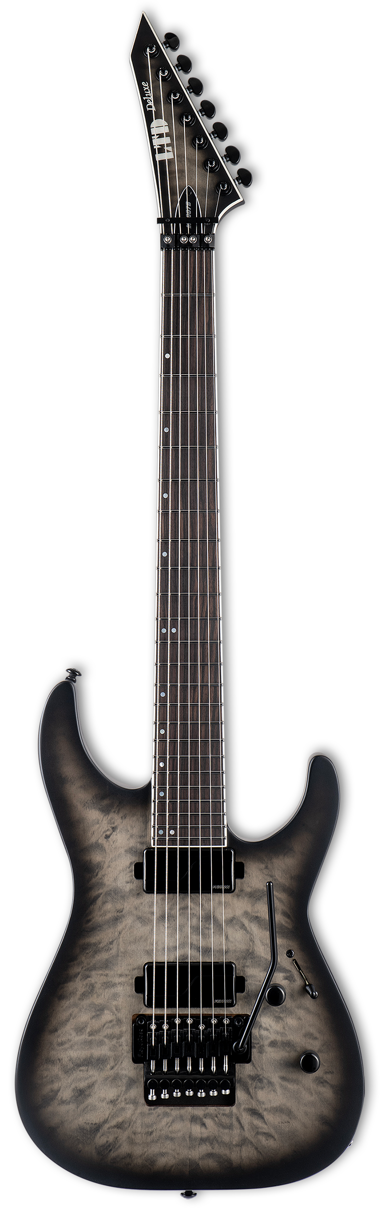 Full frontal of ESP LTD M-1007B 7-String Baritone Charcoal Burst Satin.