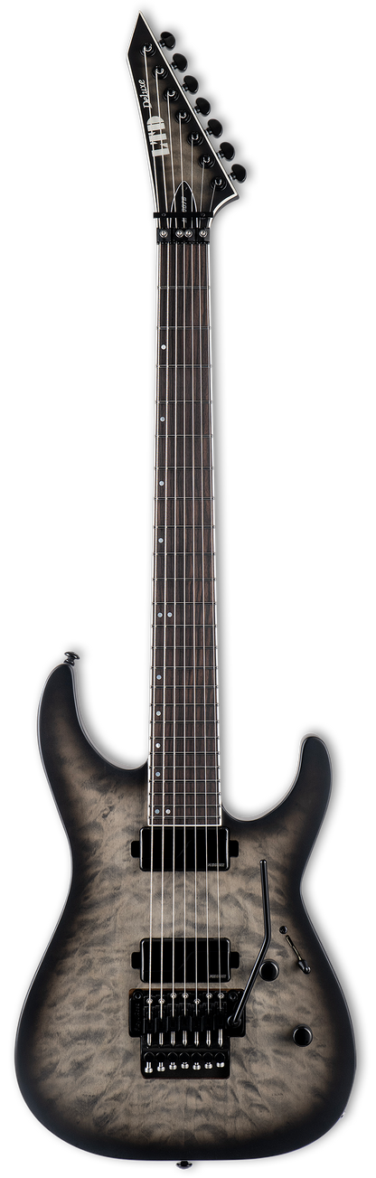 Full frontal of ESP LTD M-1007B 7-String Baritone Charcoal Burst Satin.