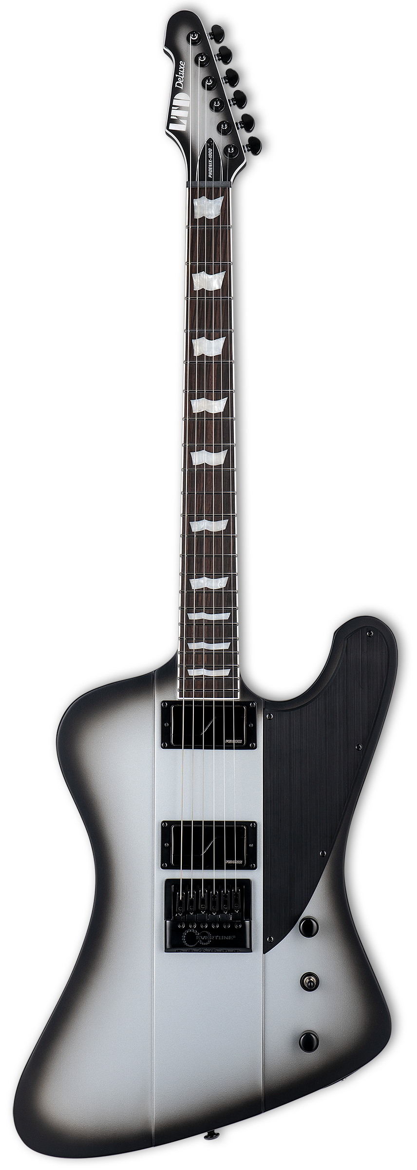 Full frontal of ESP  LTD Phoenix-1000 EverTune Silver Sunburst Satin.