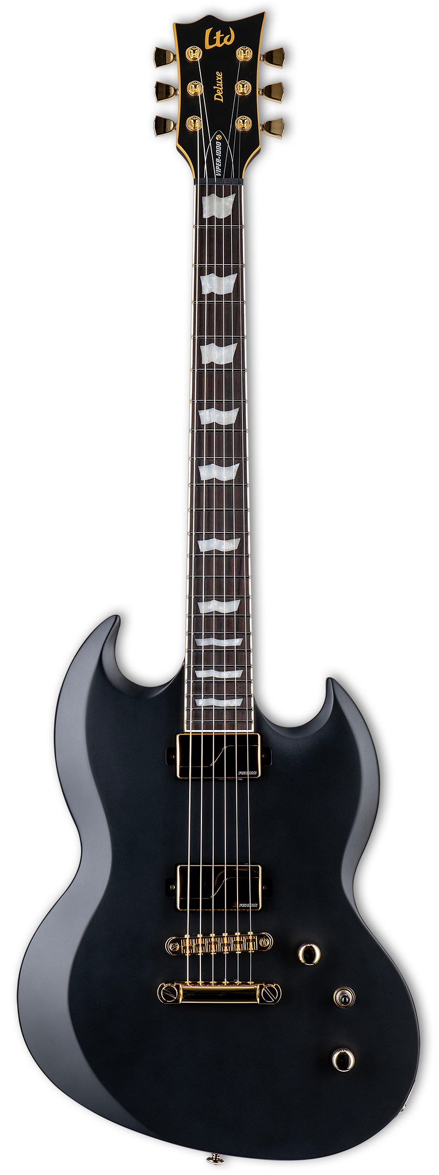 Full frontal of ESP LTD Viper-1000 Vintage Black.