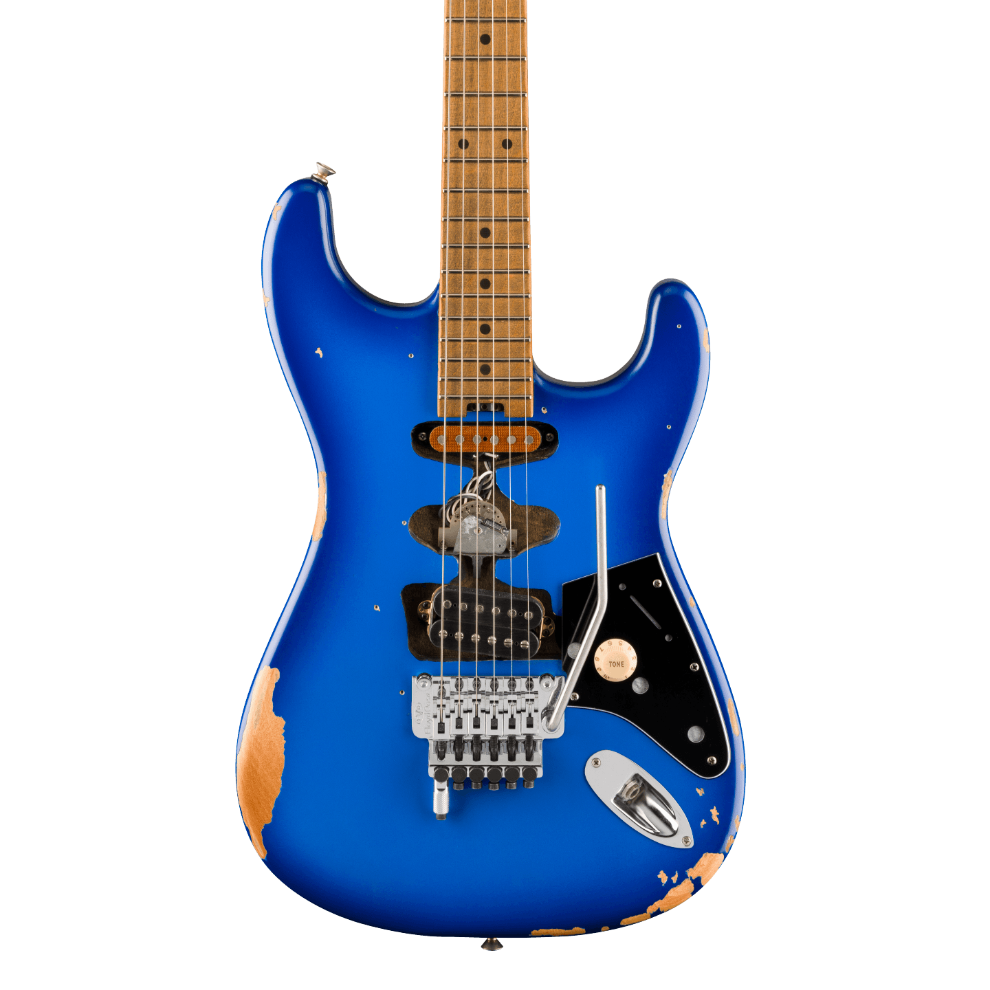 Front of EVH Limited Edition Frankenstein Relic Series MP Blueburst.