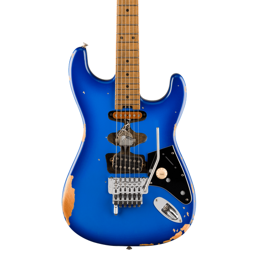 Front of EVH Limited Edition Frankenstein Relic Series MP Blueburst.