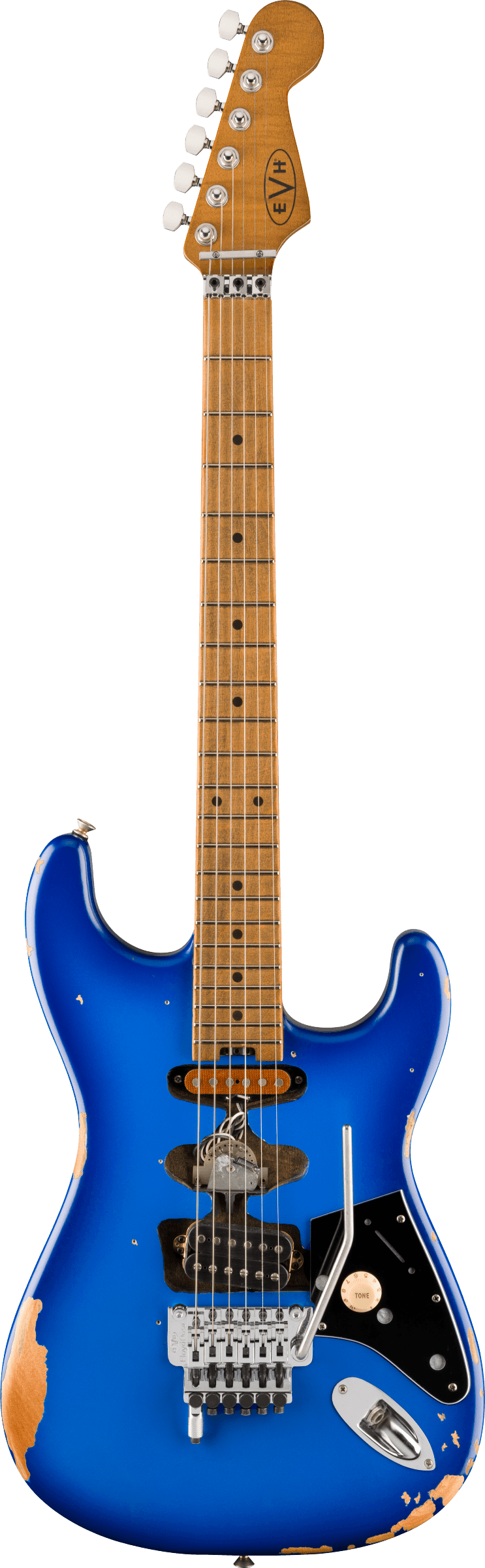 Full frontal of EVH Limited Edition Frankenstein Relic Series MP Blueburst.