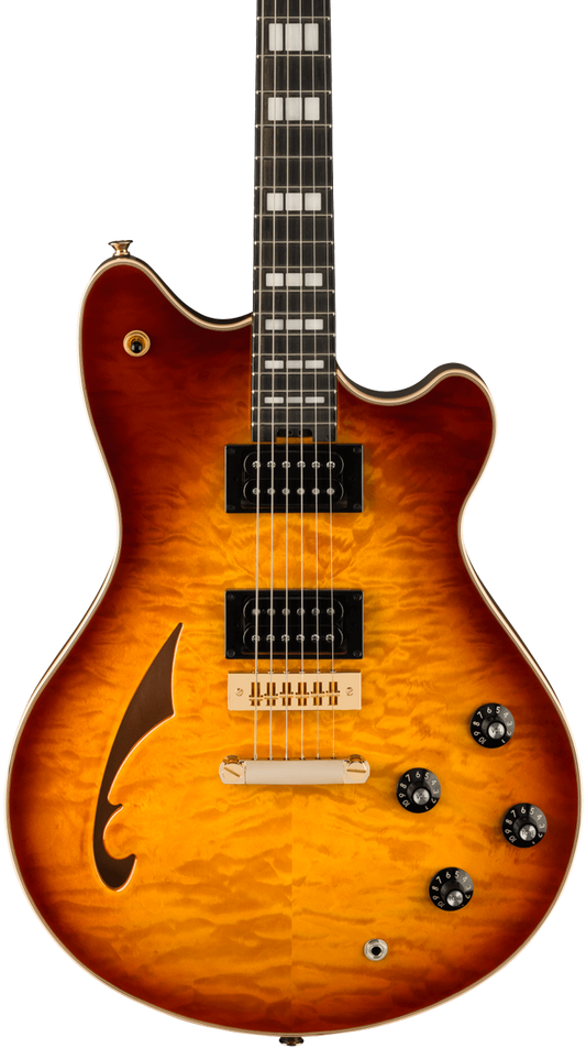 Front of EVH SA126 Special QM Tobacco Burst Ebony.