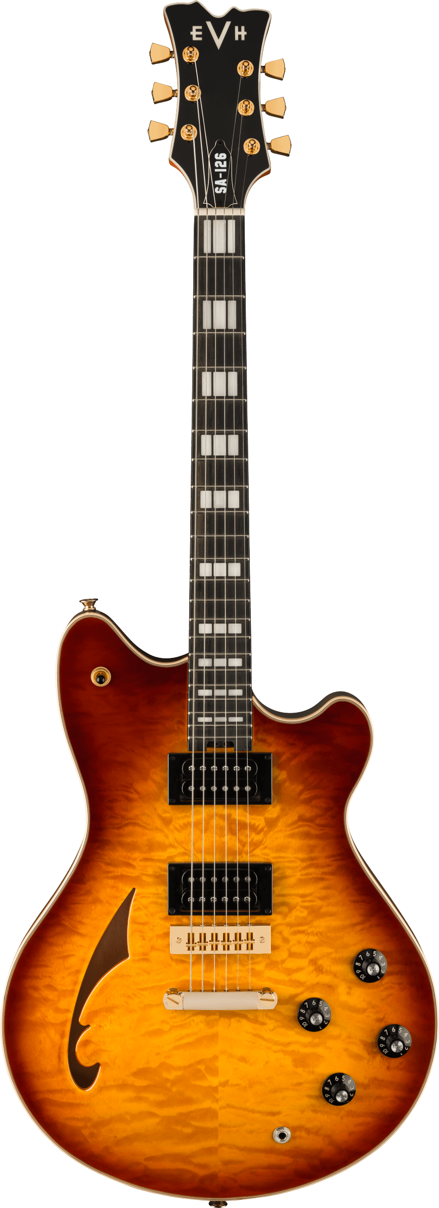 Full frontal of EVH SA126 Special QM Tobacco Burst Ebony.