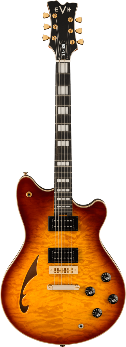 Full frontal of EVH SA126 Special QM Tobacco Burst Ebony.