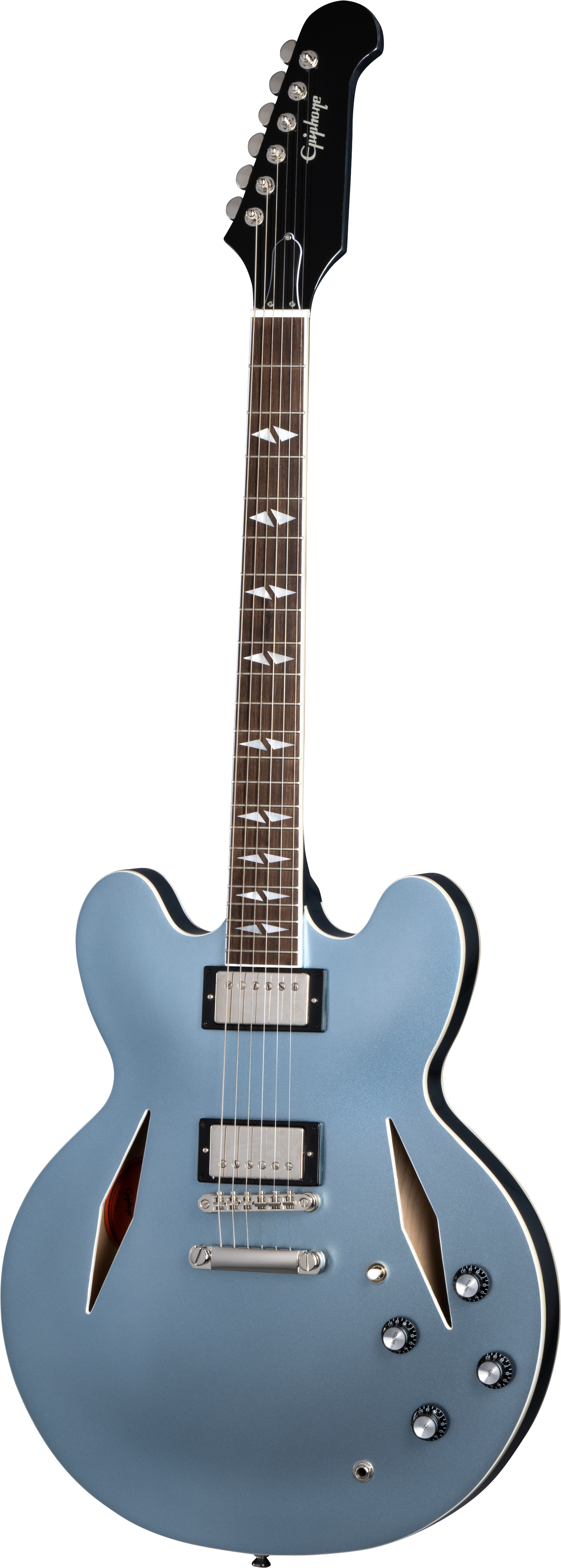 Full frontal of Epiphone Dave Grohl DG-335 Pelham Blue.