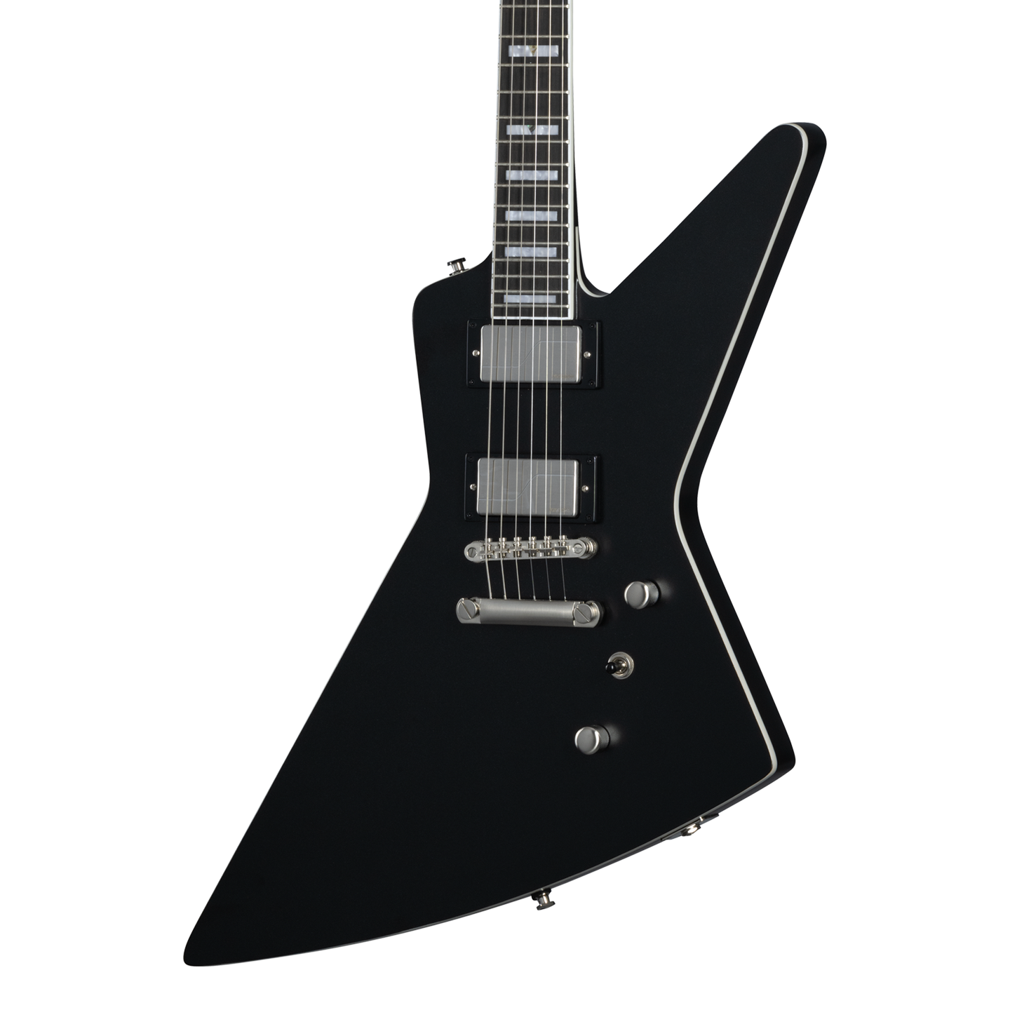 Front of Epiphone Extura Prophecy Aged Jet Black Metallic.